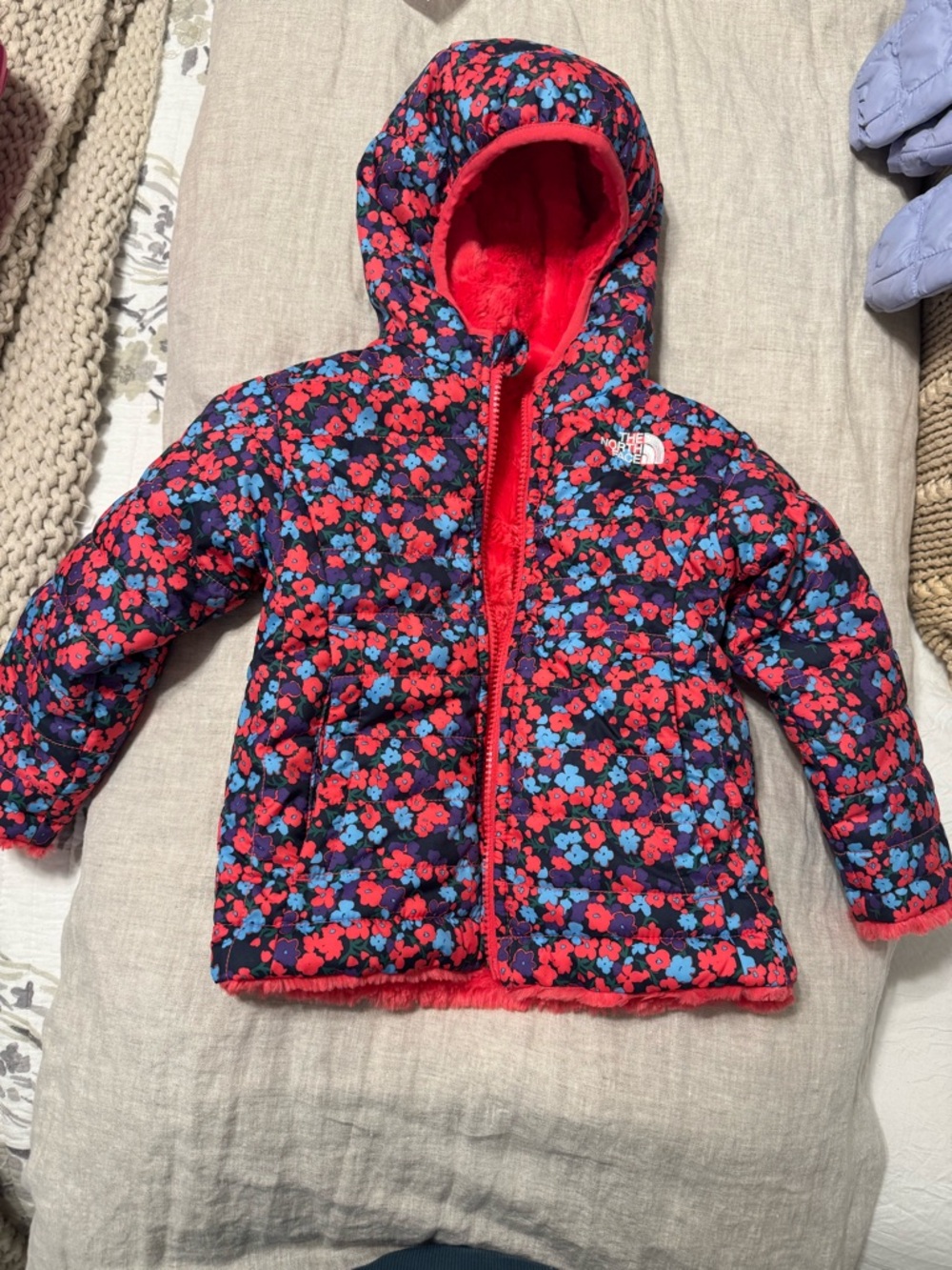 The North Face Girls Floral Hooded Puffer Jacket - Navy, Red & Light Blue